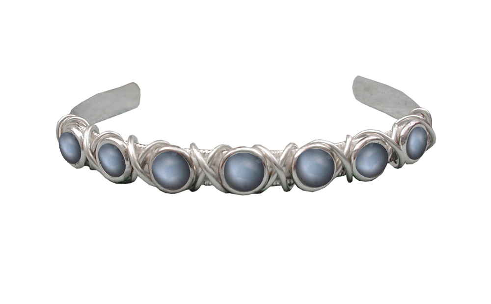 Sterling Silver 7 Stone Handmade Cuff Bracelet With Grey Moonstone